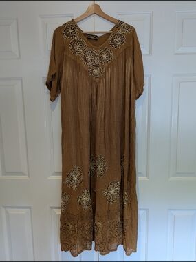 Boho Embroidered Ochre Brown Kaftan Maxi Dress Fairycore Western Festival M/L